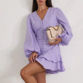 Elegant purple A-line mini dress with V-neck and puff sleeves