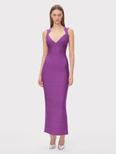 Purple bandage sheath gown styled for upscale parties and formal events