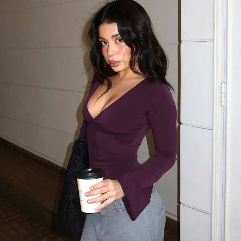 purple blouse with classic v-neck for easy layering