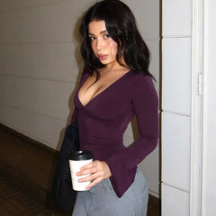 purple blouse with classic v-neck for easy layering