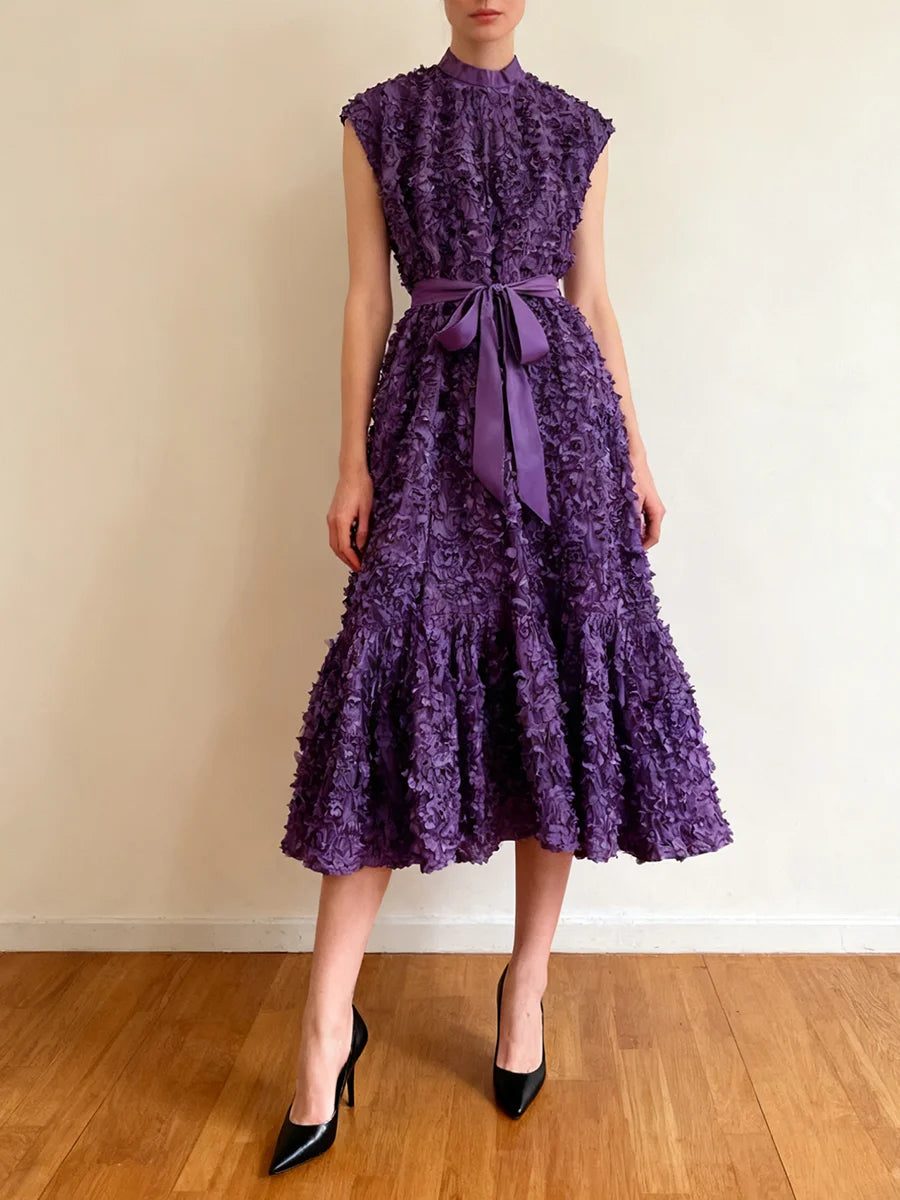 Purple floral midi dress with dimensional embellishments for occasions