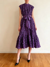 Purple floral midi dress with dimensional embellishments for occasions