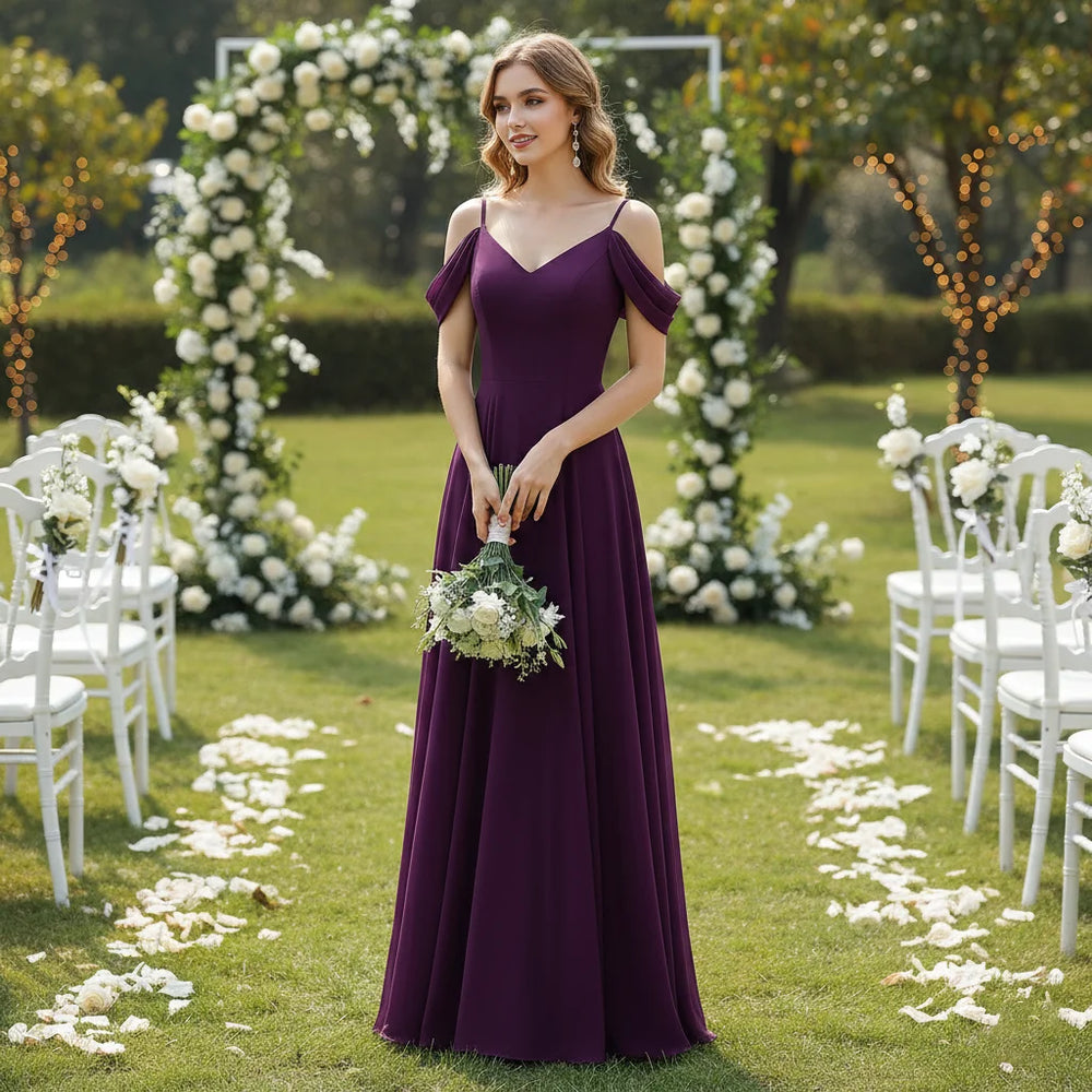 Model wearing a purple satin A-line off-shoulder V-neck floor-length bridesmaid gown