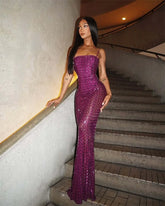 Purple sequin strapless gown styled for evening galas and parties