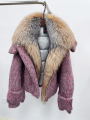 Real fox fur collar coat displayed on hanger