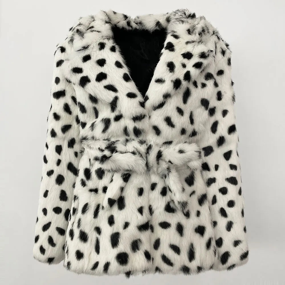 Animal print short fur coat with tie-up waist