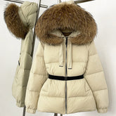 Hooded puffer coat with voluminous real fur collar