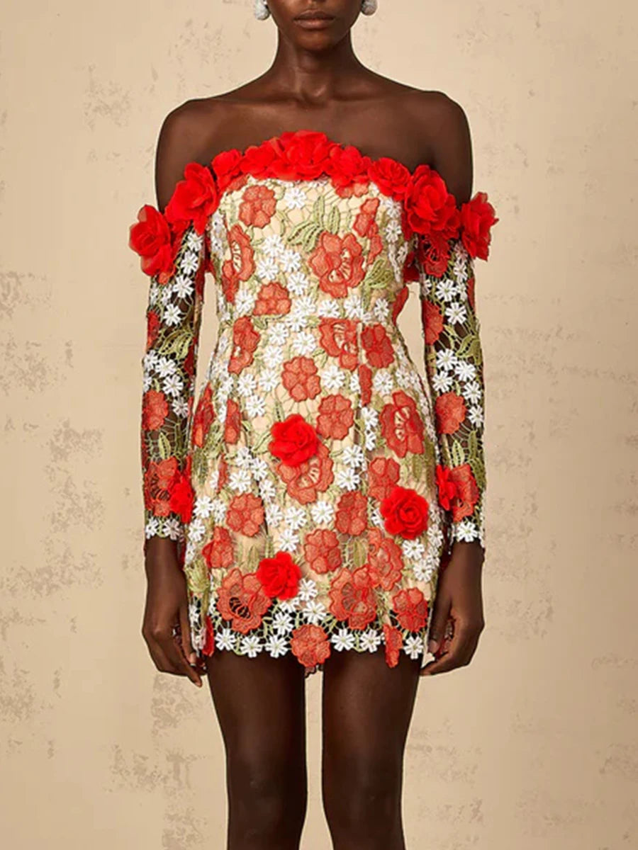 Red 3d floral off-shoulder mini dress with handmade appliqués