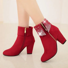 Red ankle boots with crystal-embellished cuff