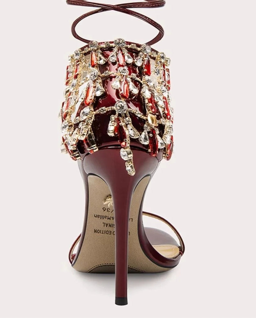 Red crystal fringe lace-up sandals for statement wedding and event looks