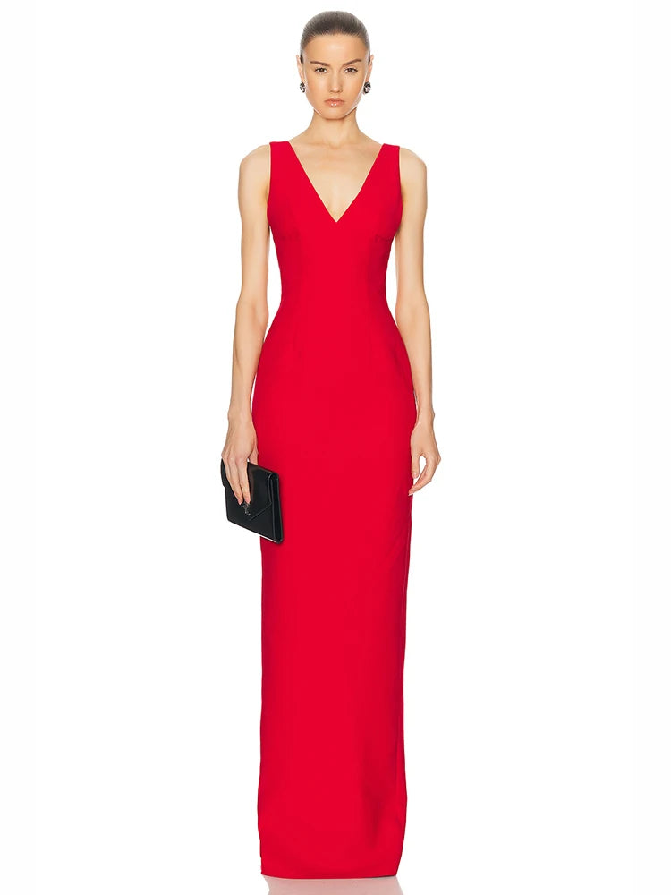 Red deep V neck backless bandage dress styled for evening events