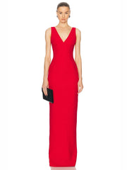 Red deep V neck backless bandage dress styled for evening events