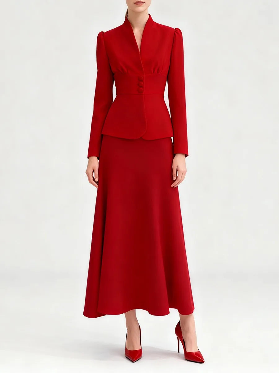Elegant skirt suit set shown front view with structured blazer and flowing skirt