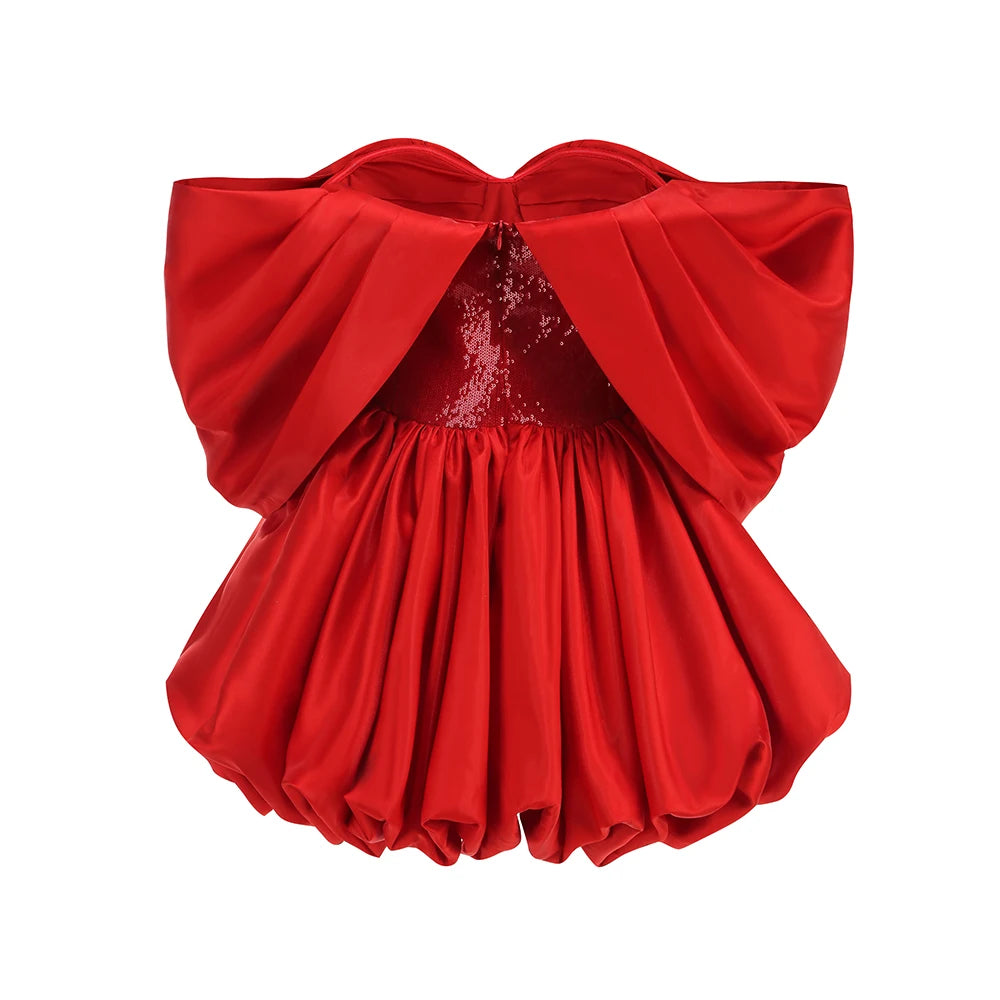 Back view of red satin off shoulder mini dress with zipper and puff silhouette