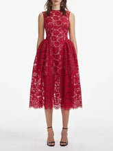 Red floral lace midi dress styled with O-neck and sleeveless tank straps