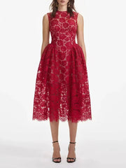 Red floral lace midi dress styled with O-neck and sleeveless tank straps
