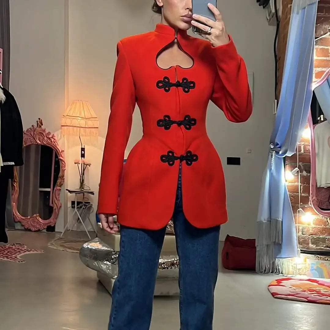 Tailored jacket with frog-button detailing and a cut-out neckline