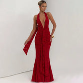 Red halter backless maxi dress styled for formal evening events