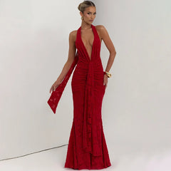 Red halter backless maxi dress styled for formal evening events