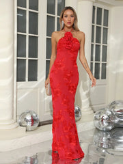 Red halter neck dress with 3D ribbon flowers styled for evening wear