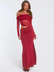 Woman wearing a red lace off-shoulder cut-out maxi dress on a white background