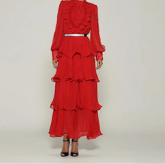 Red lace ruffle maxi dress with tiered layers styled for parties