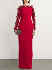 Red O neck flower beaded mesh formal gown styled for evening events against a white background