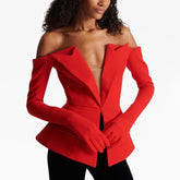 Red off-shoulder slim blazer with a sculpted neckline