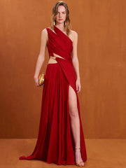 Red one shoulder evening dress with irregular cutouts for party