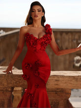 Red one shoulder floral bandage dress styled for celebrity events