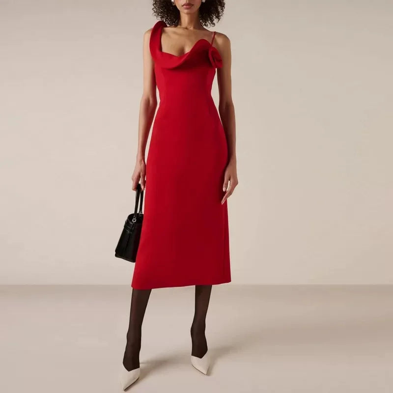 Red ruffle flower strap midi dress styled for modern evening occasions
