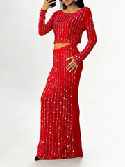 Red sequin long sleeve top with matching high waist skirt
