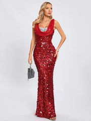 Red sequin maxi dress with cowl neck styled for gala and party events