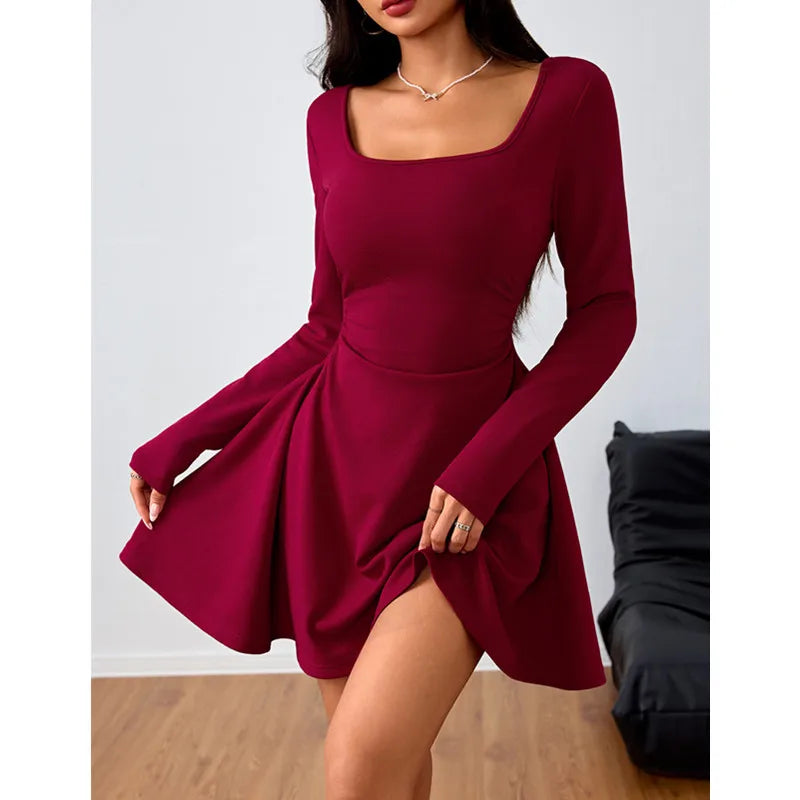 Red square neck mini dress with full sleeves styled for events