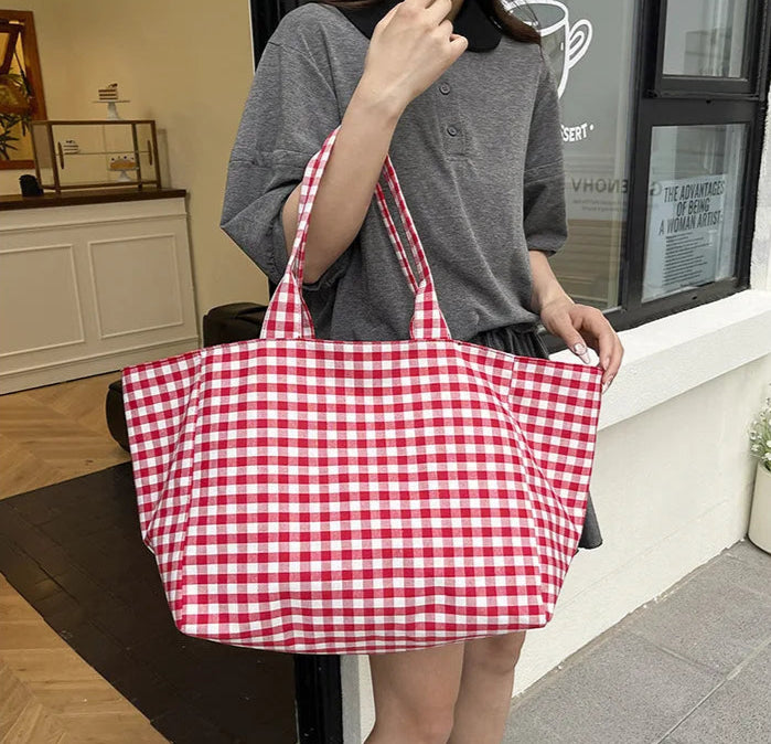 Casual red checkered canvas tote for shopping and college