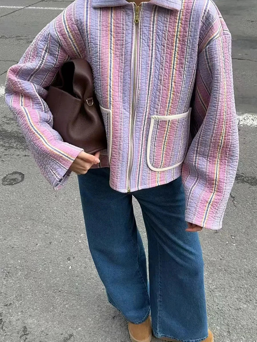 Relaxed fit autumn outerwear with light pastel color blocking