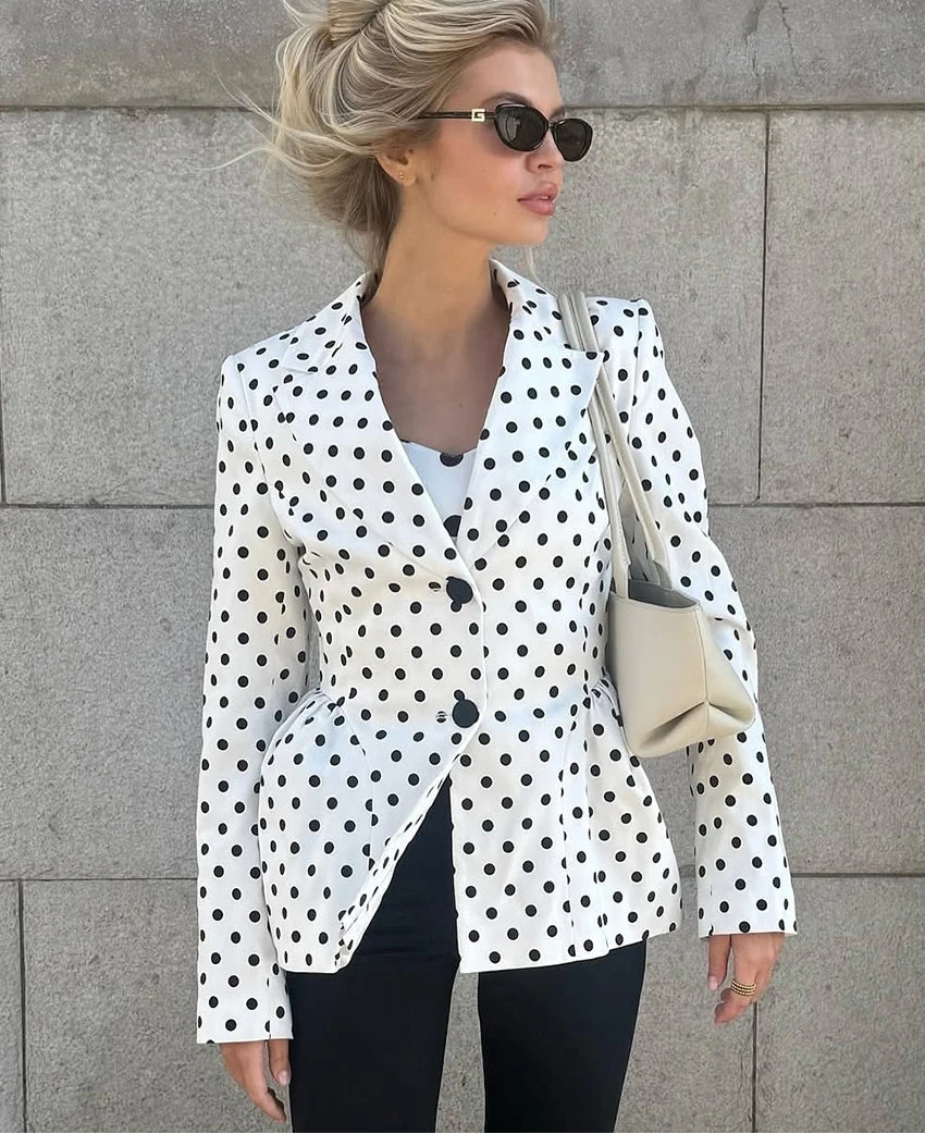 Retro dot print office jacket displayed for autumn workwear inspiration
