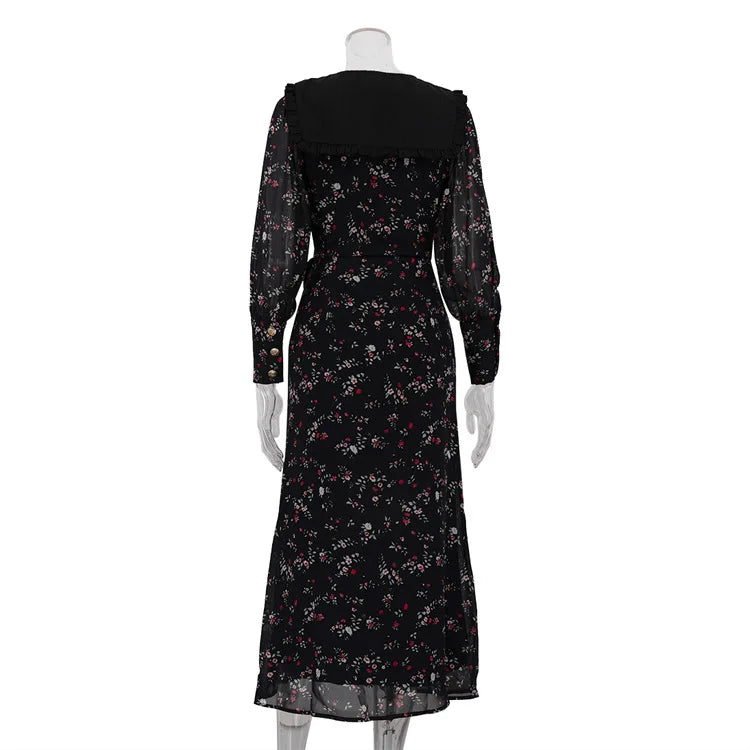 Retro print ruffled lapel ankle-length party dress styled for juniors on a mannequin against a white background