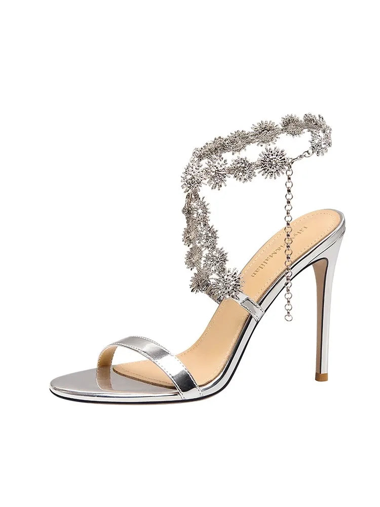 Rhinestone ankle strap silver heels for influencer events and night outs
