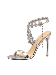 Rhinestone ankle strap silver heels for influencer events and night outs