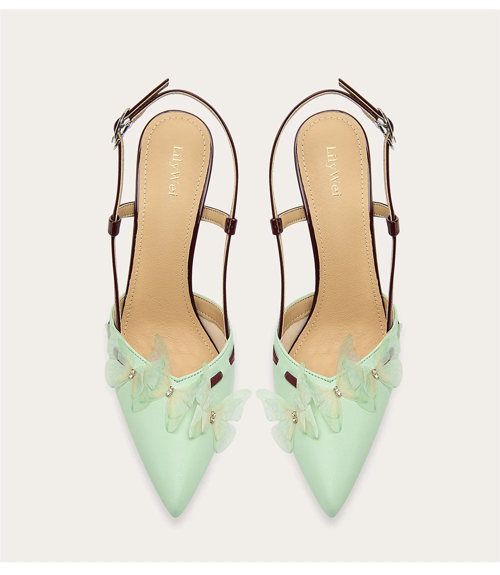 Rhinestone butterfly strap heels with pointed toe