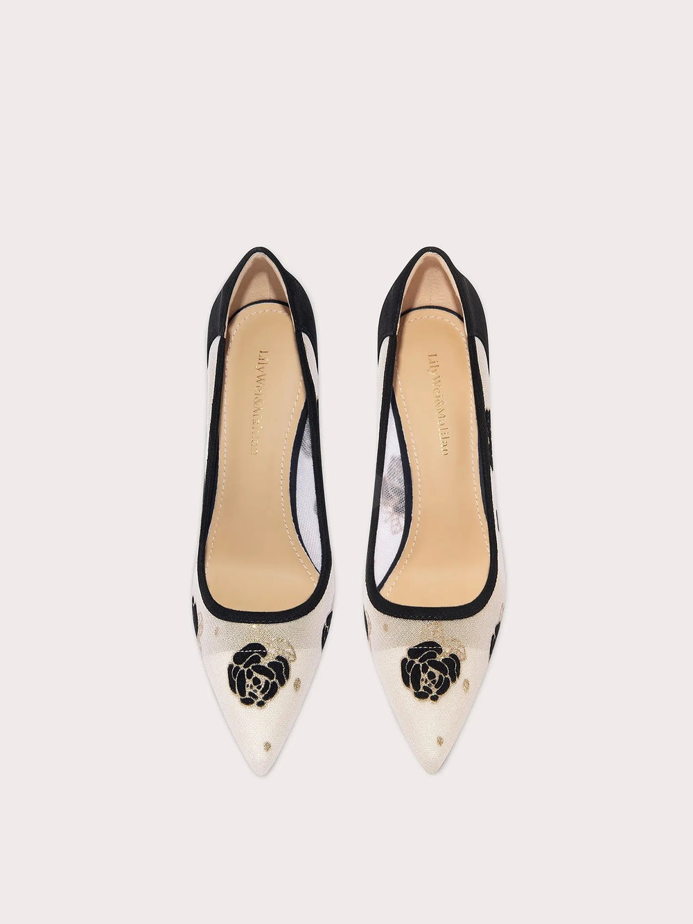 Pointed toe embroidered pumps with rhinestones