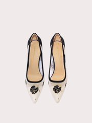 Pointed toe embroidered pumps with rhinestones