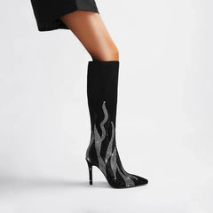 Knee-high stiletto boot with rhinestone detailing