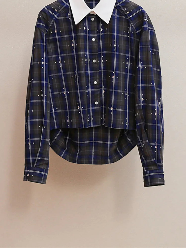 Blue and black plaid blouse for women with subtle sparkle