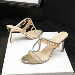 Close-up of rhinestone strap detailing and slight platform on high heel sandals, showing texture, shine, and clean edging.
