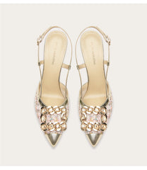 Rhinestone woven fabric sandals with pointed toe