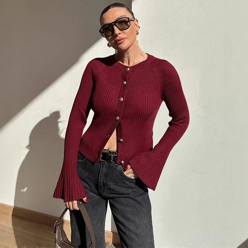 Slim wine red ribbed cardigan with button front and flare sleeves