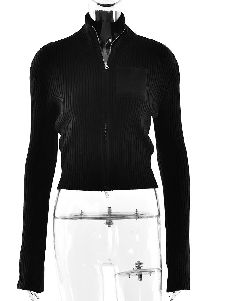 Close view of ribbed texture and zipper on a stand collar cardigan