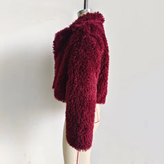 Rich burgundy statement furry coat for cold weather